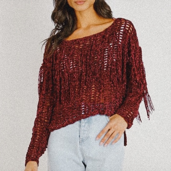 New Burgundy Western Fringe Sweater - Picture 1 of 6